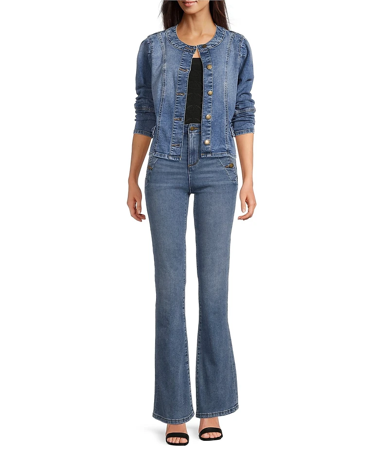 KARL LAGERFELD PARIS Stretch Denim Round Neck Long Sleeve Button Down Jacket