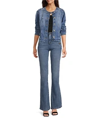 KARL LAGERFELD PARIS Stretch Denim Round Neck Long Sleeve Button Down Jacket