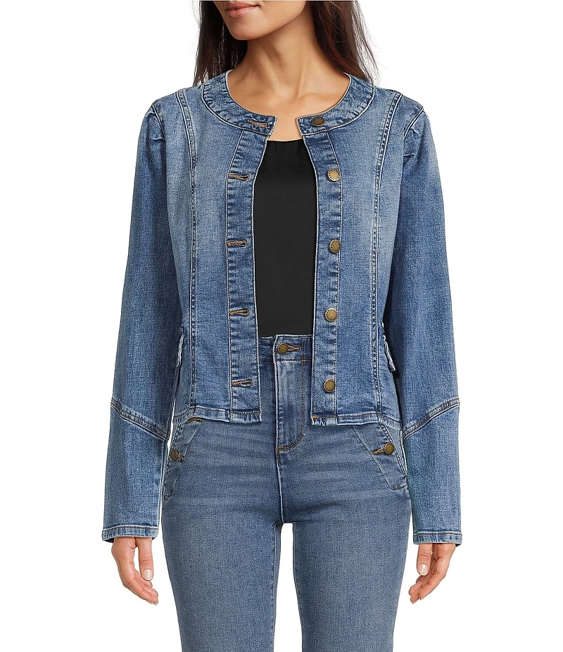 KARL LAGERFELD PARIS Stretch Denim Round Neck Long Sleeve Button Down Jacket