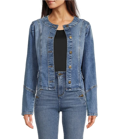 KARL LAGERFELD PARIS Stretch Denim Round Neck Long Sleeve Button Down Jacket