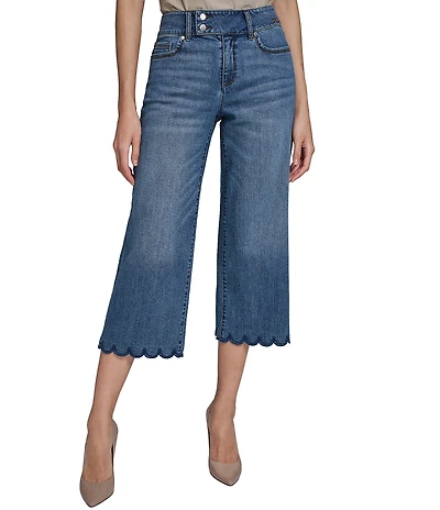 KARL LAGERFELD PARIS Stretch Denim Wide Leg Scalloped Cropped Jeans