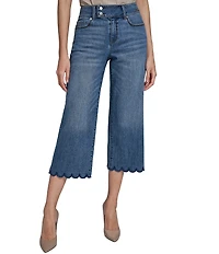 KARL LAGERFELD PARIS Stretch Denim Wide Leg Scalloped Cropped Jeans