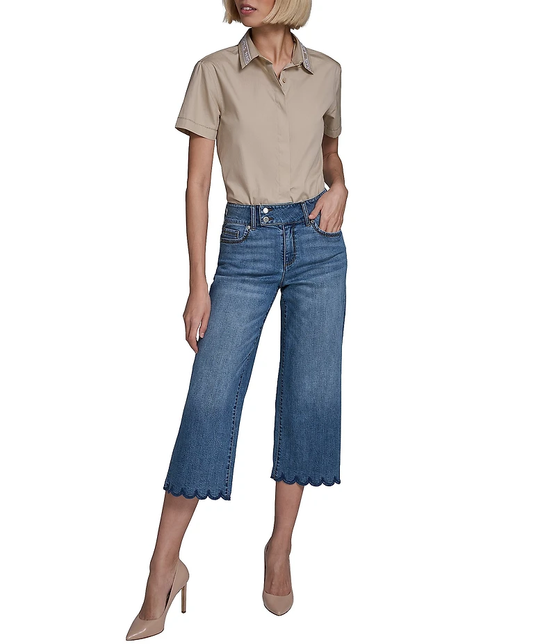 KARL LAGERFELD PARIS Stretch Denim Wide Leg Scalloped Cropped Jeans
