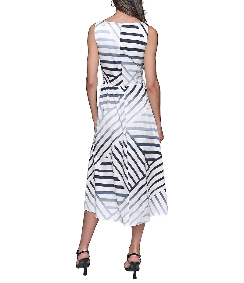 KARL LAGERFELD PARIS Stretch Sateen Stripe Print Scoop Neck Sleeveless Sheath Midi Dress