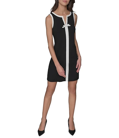 KARL LAGERFELD PARIS Stretch Scuba Crepe Contrast Trim V-Neck Sleeveless Sheath Dress