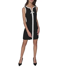 KARL LAGERFELD PARIS Stretch Scuba Crepe Contrast Trim V-Neck Sleeveless Sheath Dress