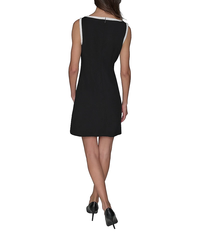 KARL LAGERFELD PARIS Stretch Scuba Crepe Contrast Trim V-Neck Sleeveless Sheath Dress