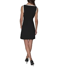 KARL LAGERFELD PARIS Stretch Scuba Crepe Contrast Trim V-Neck Sleeveless Sheath Dress