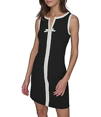 KARL LAGERFELD PARIS Stretch Scuba Crepe Contrast Trim V-Neck Sleeveless Sheath Dress
