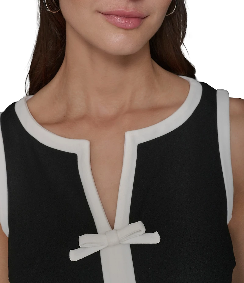 KARL LAGERFELD PARIS Stretch Scuba Crepe Contrast Trim V-Neck Sleeveless Sheath Dress