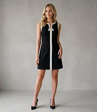 KARL LAGERFELD PARIS Stretch Scuba Crepe Contrast Trim V-Neck Sleeveless Sheath Dress