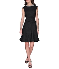KARL LAGERFELD PARIS Stretch Texture Tweed Crew Neck Cap Sleeves Embellished Fit & Flare Midi Dress