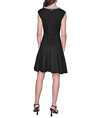 KARL LAGERFELD PARIS Stretch Texture Tweed Crew Neck Cap Sleeves Embellished Fit & Flare Midi Dress