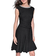 KARL LAGERFELD PARIS Stretch Texture Tweed Crew Neck Cap Sleeves Embellished Fit & Flare Midi Dress