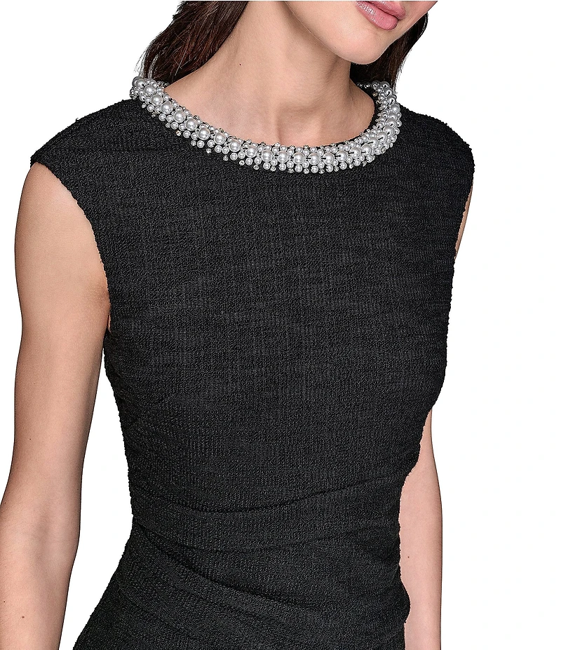 KARL LAGERFELD PARIS Stretch Texture Tweed Crew Neck Cap Sleeves Embellished Fit & Flare Midi Dress