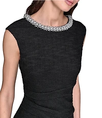 KARL LAGERFELD PARIS Stretch Texture Tweed Crew Neck Cap Sleeves Embellished Fit & Flare Midi Dress