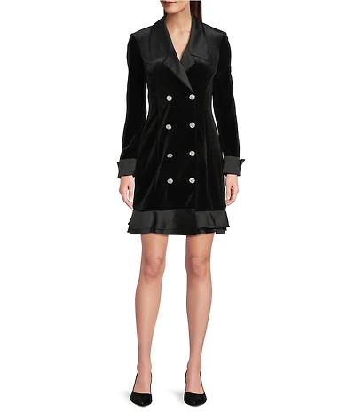 KARL LAGERFELD PARIS Stretch Velvet Notched Collar Double Breasted Blazer Dress
