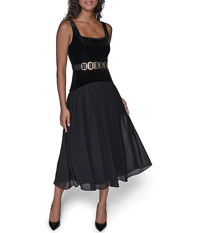 KARL LAGERFELD PARIS Stretch Velvet Square Neck Sleeveless Belted Chiffon Dress