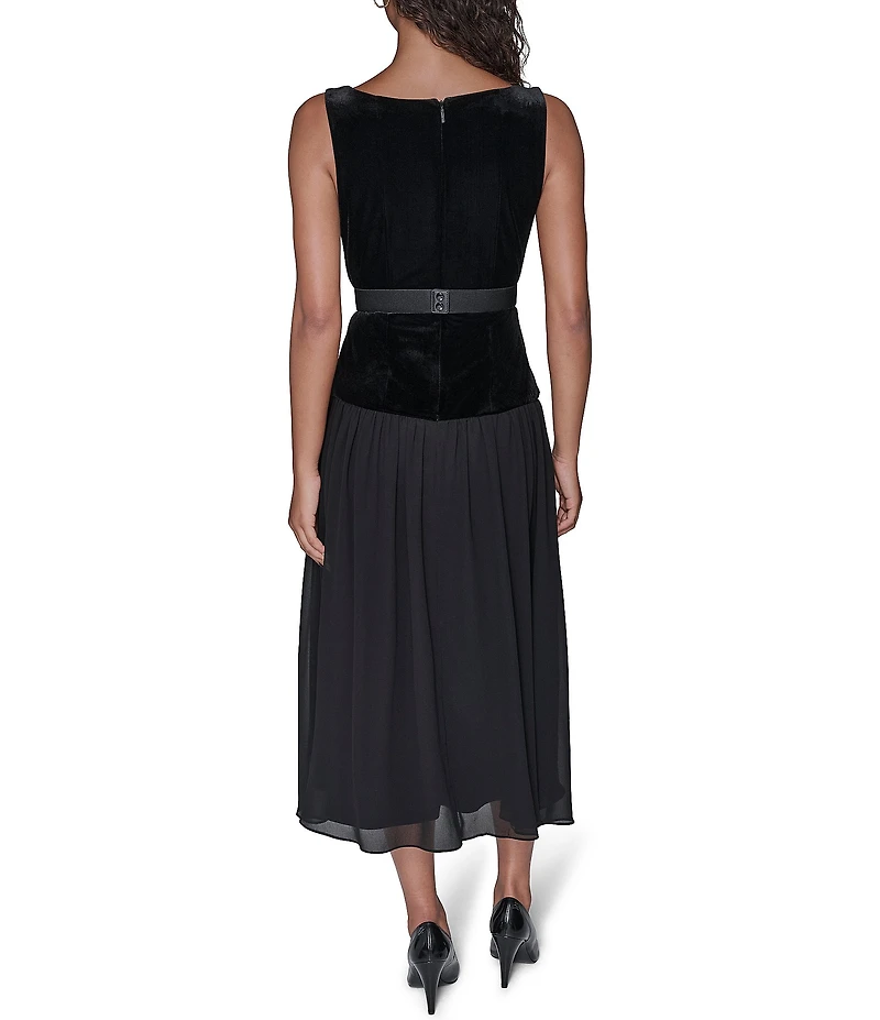 KARL LAGERFELD PARIS Stretch Velvet Square Neck Sleeveless Belted Chiffon Dress