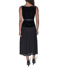 KARL LAGERFELD PARIS Stretch Velvet Square Neck Sleeveless Belted Chiffon Dress