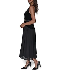 KARL LAGERFELD PARIS Stretch Velvet Square Neck Sleeveless Belted Chiffon Dress