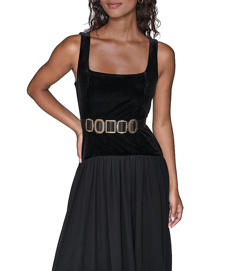 KARL LAGERFELD PARIS Stretch Velvet Square Neck Sleeveless Belted Chiffon Dress