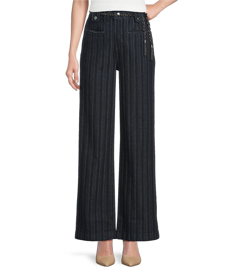 KARL LAGERFELD PARIS Striped Denim Chain Belt Wide-Leg Jeans