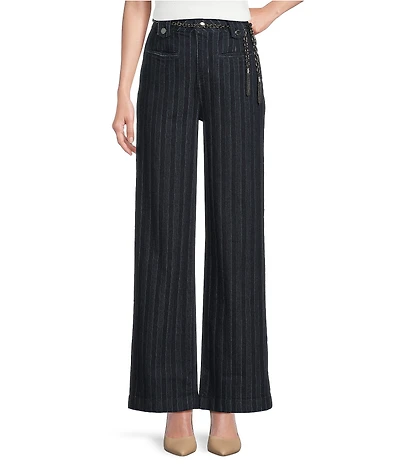 KARL LAGERFELD PARIS Striped Denim Chain Belt Wide-Leg Jeans