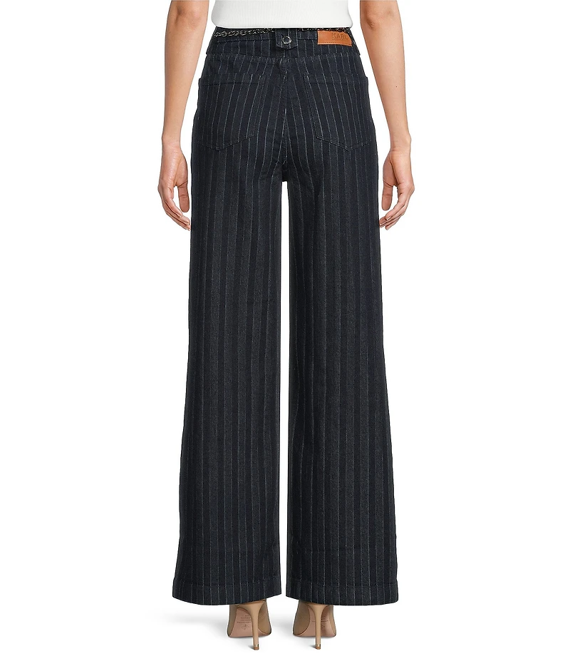 KARL LAGERFELD PARIS Striped Denim Chain Belt Wide-Leg Jeans