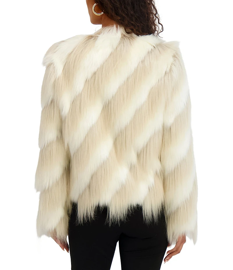 KARL LAGERFELD PARIS Striped Faux Fur Wispy Collarless Hook Front Jacket