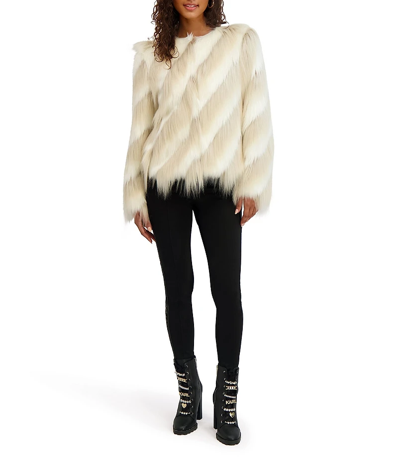 KARL LAGERFELD PARIS Striped Faux Fur Wispy Collarless Hook Front Jacket