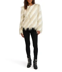 KARL LAGERFELD PARIS Striped Faux Fur Wispy Collarless Hook Front Jacket