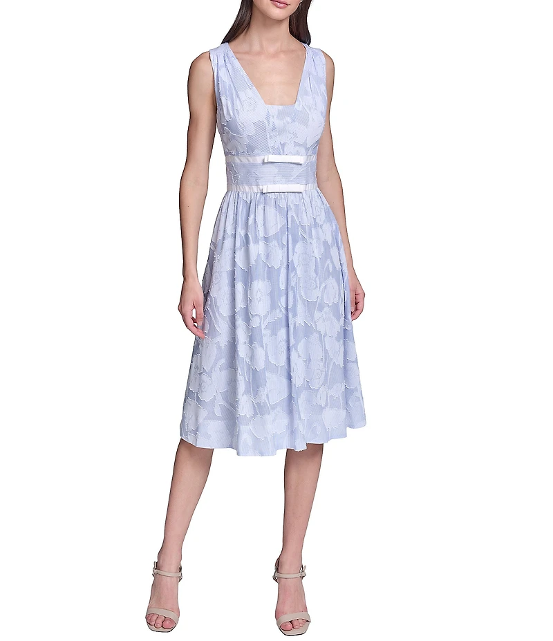 KARL LAGERFELD PARIS Striped Floral Jacquard Burnout Dress