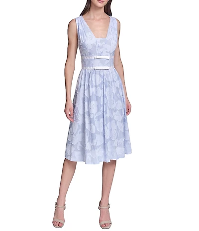KARL LAGERFELD PARIS Striped Floral Jacquard Burnout Dress