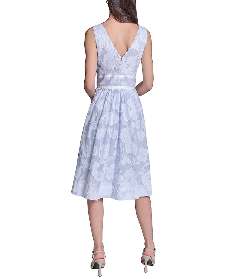 KARL LAGERFELD PARIS Striped Floral Jacquard Burnout Dress