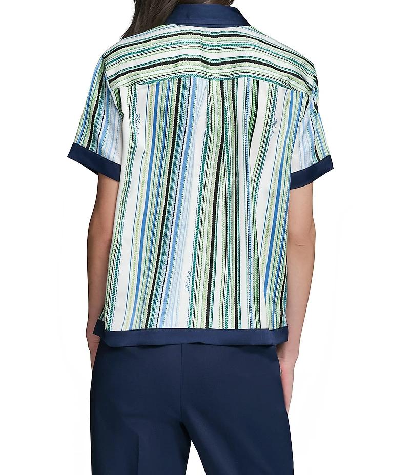 KARL LAGERFELD PARIS Striped Satin Point Collar Short Sleeve Camp Shirt