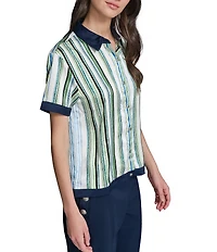 KARL LAGERFELD PARIS Striped Satin Point Collar Short Sleeve Camp Shirt