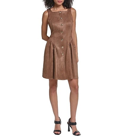 Karl Lagerfeld Paris Suede Sleeveless Faux Button Drop Waist Dress