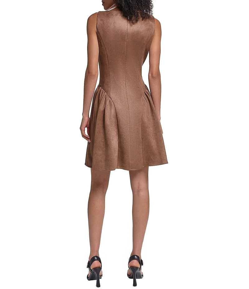 Karl Lagerfeld Paris Suede Sleeveless Faux Button Drop Waist Dress