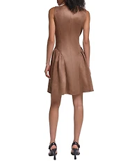 Karl Lagerfeld Paris Suede Sleeveless Faux Button Drop Waist Dress