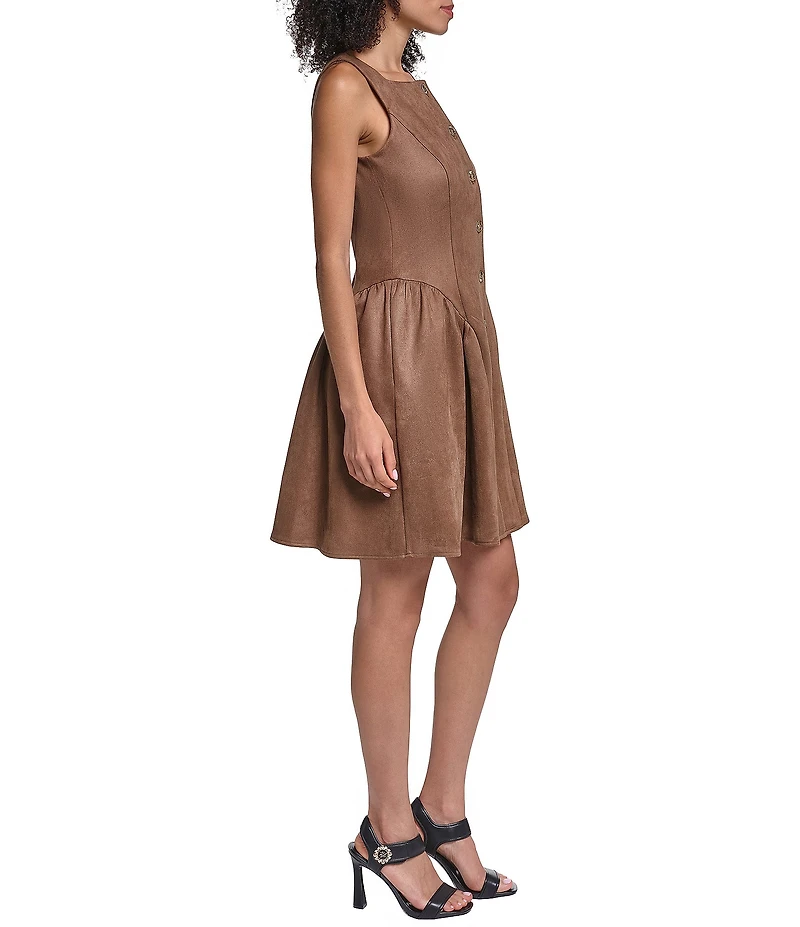 Karl Lagerfeld Paris Suede Sleeveless Faux Button Drop Waist Dress
