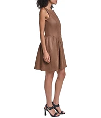 Karl Lagerfeld Paris Suede Sleeveless Faux Button Drop Waist Dress