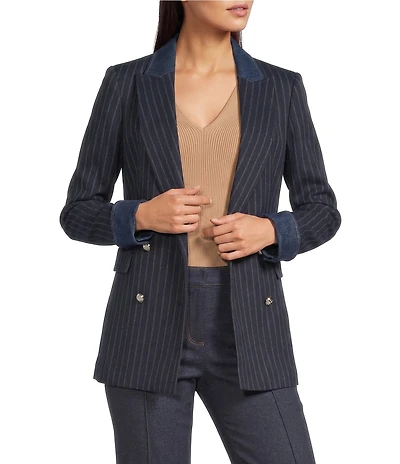 KARL LAGERFELD PARIS Suiting Stripe Notch Collar Long Sleeve Denim Detail Blazer