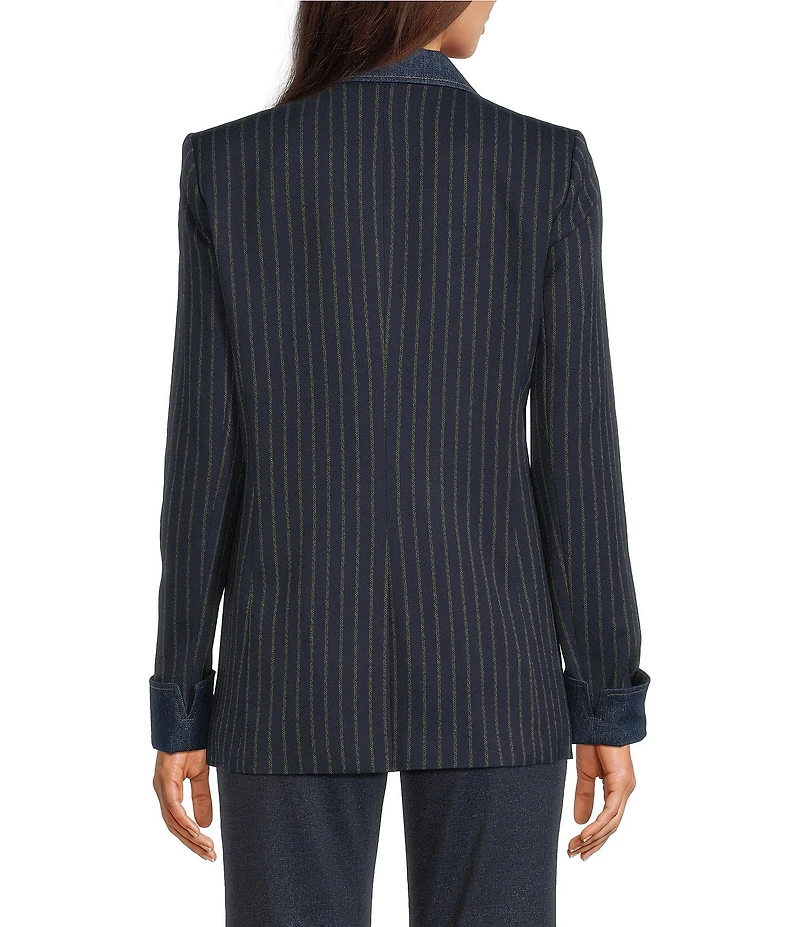 KARL LAGERFELD PARIS Suiting Stripe Notch Collar Long Sleeve Denim Detail Blazer