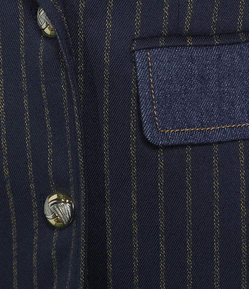 KARL LAGERFELD PARIS Suiting Stripe Notch Collar Long Sleeve Denim Detail Blazer