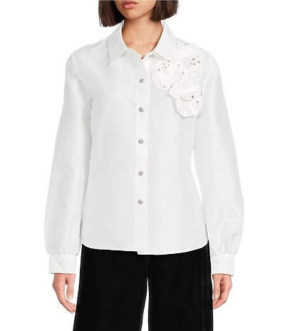 KARL LAGERFELD PARIS Tafetta Point Collar Long Sleeve Corsage Bouse