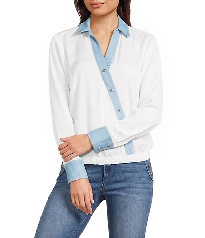 KARL LAGERFELD PARIS Tech Satin V-Neck Long Sleeve Surplice Blouse