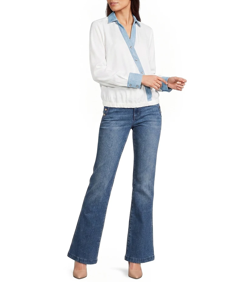 KARL LAGERFELD PARIS Tech Satin V-Neck Long Sleeve Surplice Blouse