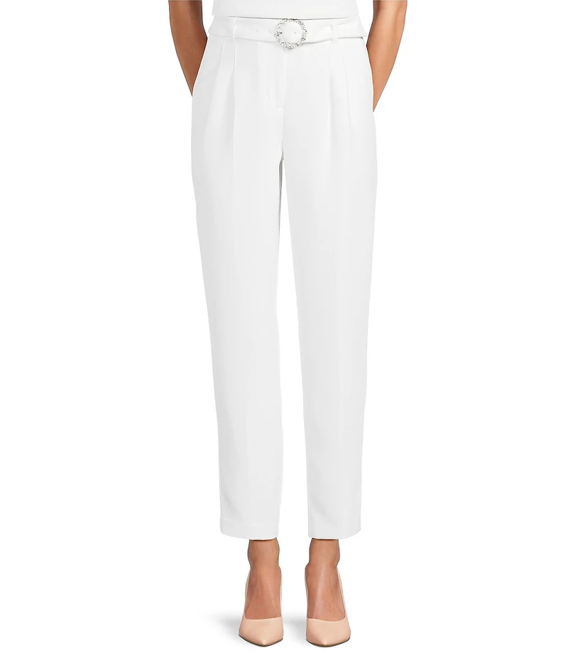 KARL LAGERFELD PARIS Textured Crepe Belted Straight Leg Pants