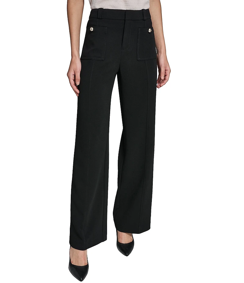 KARL LAGERFELD PARIS Textured Crepe Patch Pocket Full Length Straight Leg Pants